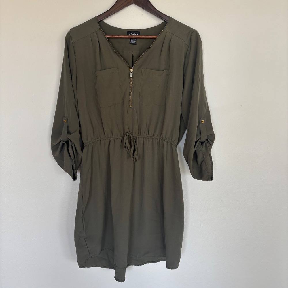 Justify Womens Olive Green Roll Tab Sleeve Utility Mini Dress Large Quarter Zip